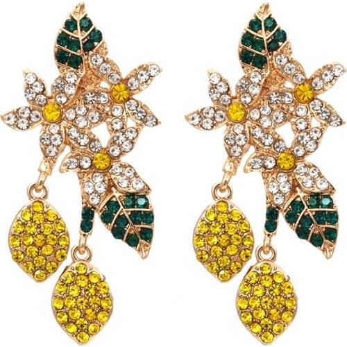 2021 New Casual Fashion Hit Color Diamond Lemon Flower Earrings Retro Full Diamond Fruit Leaf Earrings Female Party Gift