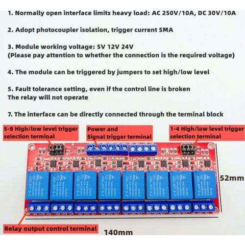 1pcs 8 channel relay module, 5V12V24V, with optocoupler isolation relay module output high/low level trigger electronic DIY