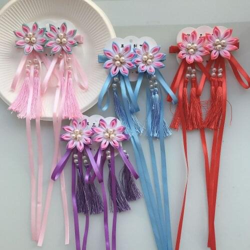Chinese style childrens streamer tassel hairpin flower shape antique hair ornament pearl dot Hanfu headdress flower hairpin