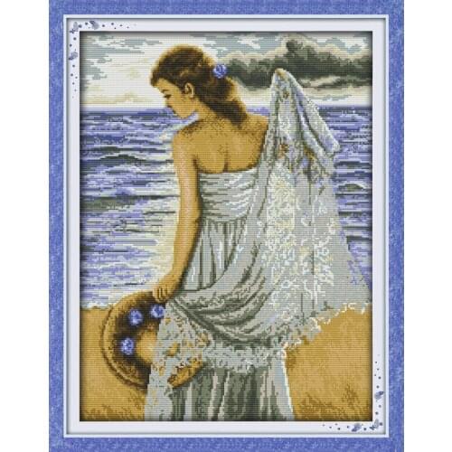 Seaside Girl Portrait DMCcotton Cross stitch kits Sets 11CT Print Paintings Embroidery DIY Handmade NeedleWork Home Decor Ricamo