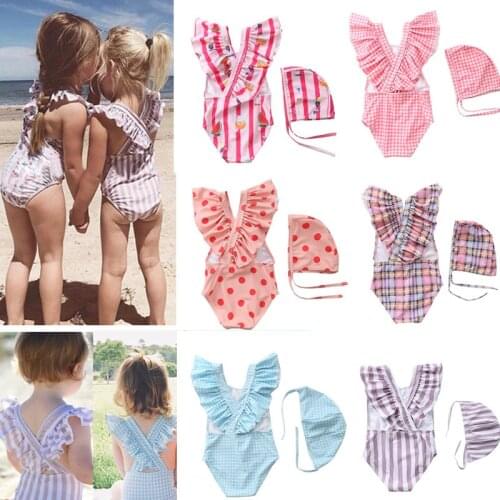Toddler Infant Baby Girls Cartoon Swimsuit Swimwear Swimming Bikini Ruffles One-Piece with Hat Bodysuit Swimwears for 1-6Years