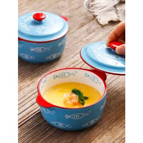Double ear steamed egg bowl soup bowl with Cover Baby auxiliary food bowl small stew cup ceramic baking bowl small Mixing bowl