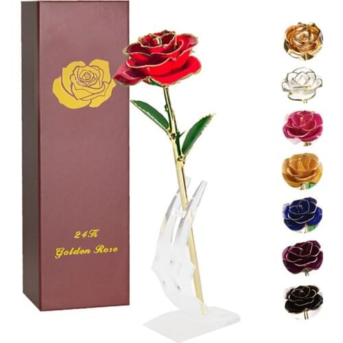 Long Stem 24k Gold Dipped Rose Artificial Flowers Eternal Rose /w Moon Stand In Gift Box Birthday Mother Day Gift for Girl Women