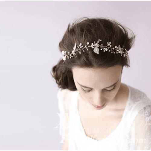 Handmade faux Imitiation pearls Wedding Tiara Rope Feather Headbands Wood Beads Boho Headpiece Fashion Women Headdress Jewelry