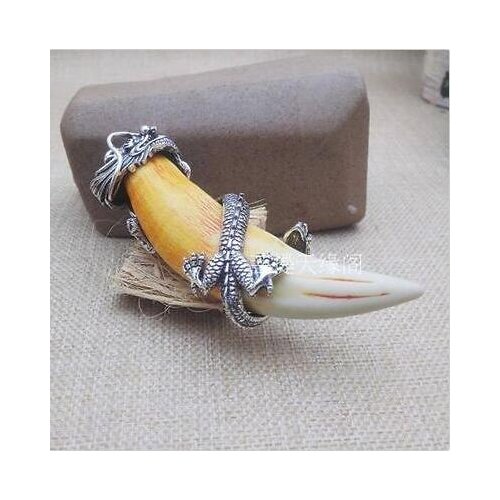 Chinese Antique Boars Tooth Wild Silver Dragon protective talisman Pendant