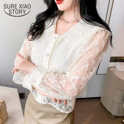 Embroidered Lace Blouse French Style Sweet Shirt Women New Spring Mesh Hollow Out Blouse Fashion V-neck Collar Tops Blusas 13212
