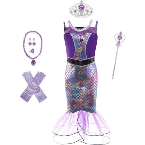 Girl Princess Little Mermaid Ariel Summer Dresses Sea Party Halloween Polyester Cosplay Costume for Halloween Party Dress Up