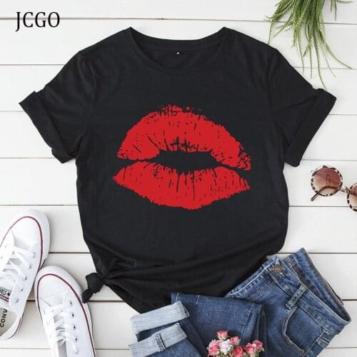 JCGO Summer T Shirt Women O-Neck Short Sleeve T Shirts 100% Cotton Sexy Lips Print Plus Size S-5XL Fashion Casual Tee Tops