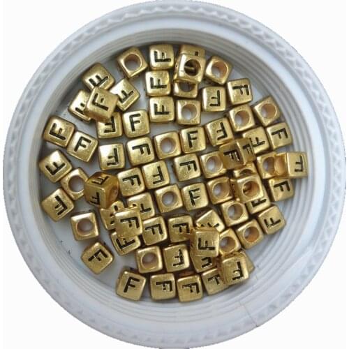 Mini Order 100pcs 6*6MM Gold Color Single English Character F Initial Printing Plastic Alphabet Beads Cube Acrylic Letter Beads