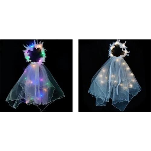 Girls Layered Lace Hair Ornaments Ribbon Bows Lace Veil Feather Wreath LED Lights Wedding Festival Party Photo Props
