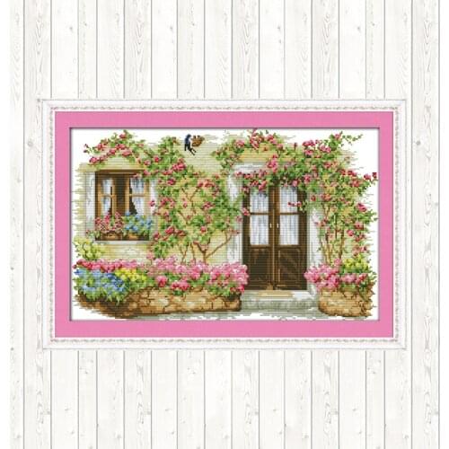 Rose Cabin Patterns Cross Stitch Kits Sale 14ct 11ct Counted Printed on Canvas DIY Needlework Cross Stitch Sets for Embroidery
