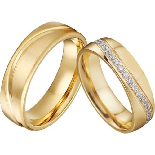 LOVE Alliances Promise Engagement Wedding rings set For men and Women couples Gold color Zirconia ladies and mens jewelry
