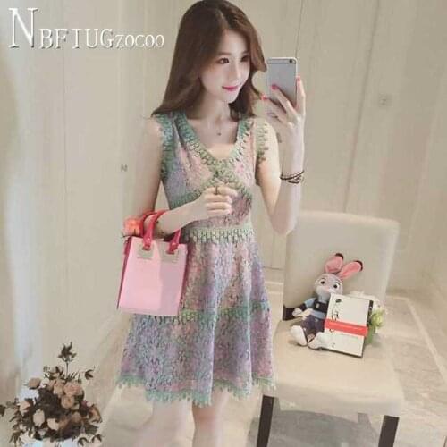2020 Summer New Sweet Floral Women Dress Sleeveless Lace Female Dresses
