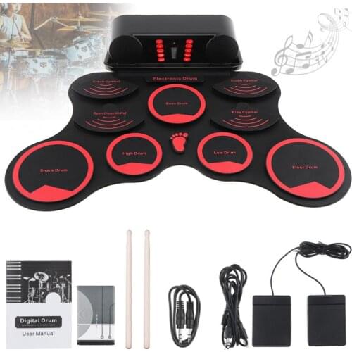 Portable Roll Up Electronic Drum Set 9 Silicon Pads Built-in Speakers with Drumsticks Sustain Pedal Support MIDI USB