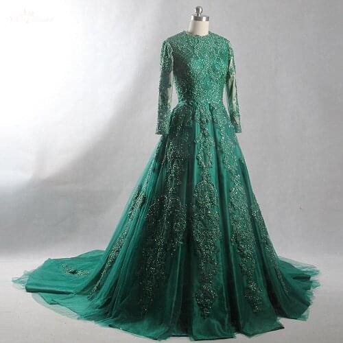 RSW1420 Yiaibridal Real Job Round Neckline Long Sleeves Green Beaded Crystal Wedding Dress Muslim
