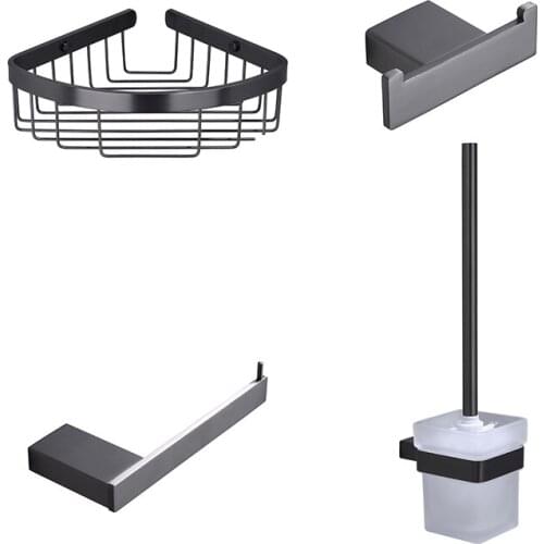 Bathroom Hardware Set Gunmetal Grey Towel Robe Double Hooks Paper Hanger Toilet Brushed Holder Storage Corner Shelf Accessories