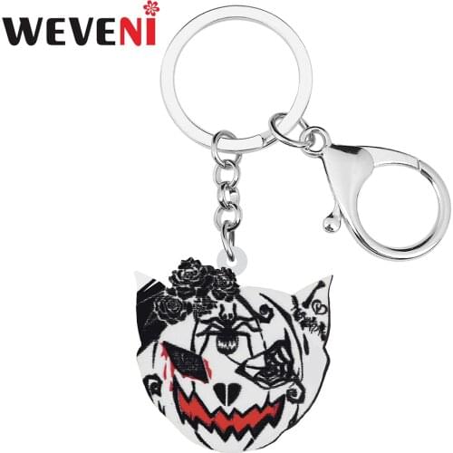 WEVENI Halloween Acrylic White Horrror Bleeding Cat Head Keychains Fashion Bag Key Chain Ring Charms Jewelry For Women Girl Gift