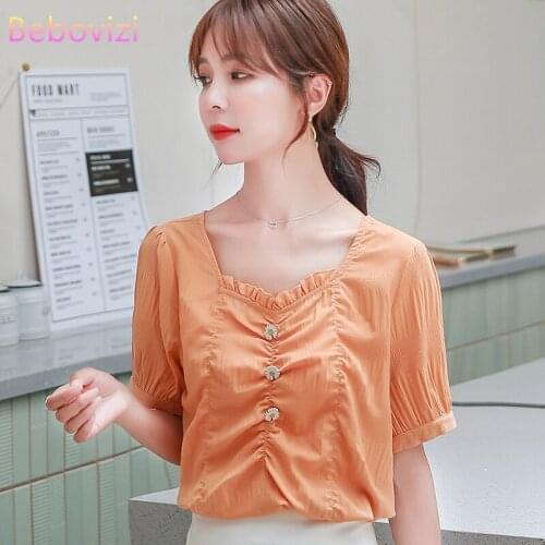 S-XXL 2021 Fashion Asia Korea Orange Exposed Clavicle V-neck Short Sleeve Blouse for Women Summer Casual Office Lady Top Clothes