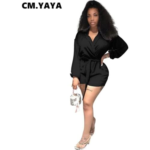 CM.YAYA Women Playsuit Solid Full Sleeve Turn-down Collar Bandage Sashes Playsuits Casual Rompers Fashion Outfit Summer 2021