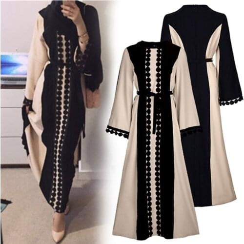 Women Muslim Long Sleeve Maxi Dress Lace Polka Stitching Islamic Middle East Dubai Robe Color Block Belted Abaya Kaftan