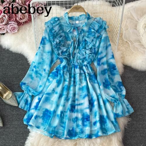 2021 New Summer Temperament stand collar long sleeve Dress high waist pleated waist lace up bow Ruffles short A-line Dress