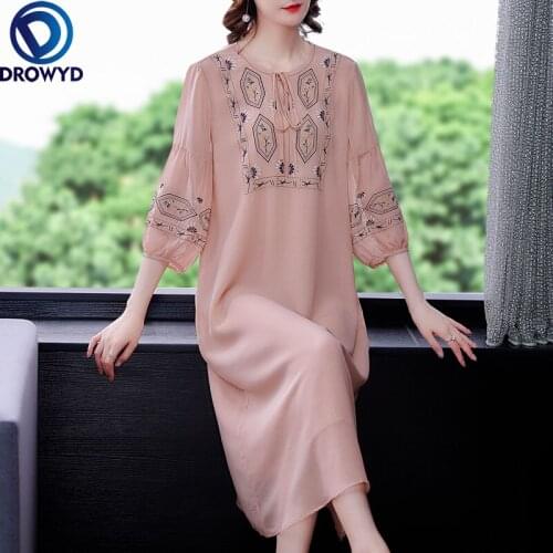Summer Embroidery Solid Mulberry Silk Midi Dress 2021 Casual Pink Short Sleeve Chiffon Dress Women Elgant Bodycon Party Vestidos