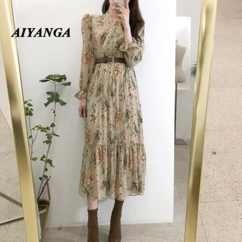 New 2018 Women Vintage High Temperament Flower Print V-neck Comfortable High Waist Dress For Woman Korean Style Long Vestidos