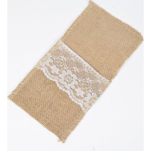 10pcs/lot 11x21cm Knife And Fork Cutlery Packaging Bags Lace Pouch Wedding Party Linen Jute Bags