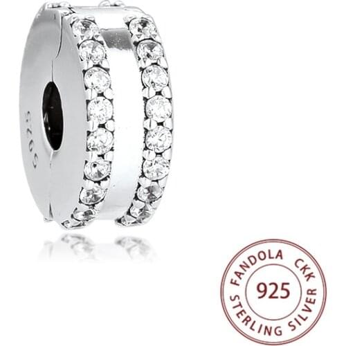 100% 925 Sterling Silver Double Lined Pave Clip Beads Fits Pandora Bracelets Charms Silver S925 Jewelry DIY Making Kralen