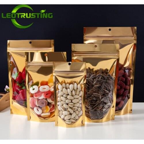 100pcs Stand up Resealable Clear Front Gold Zipper Packaging Bag Handmade Snack Corn Coffee Chocolate Dry Fruit Gifts Pouches
