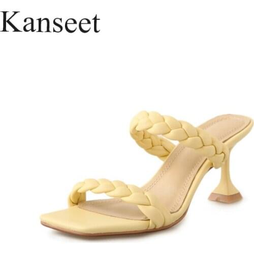 Kanseet Thin Heels Fashion Weave Square Toe Basic Women Slippers High Heels Party Woman Shoes 2021 Newest Summer Female Shoes