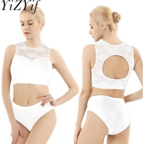 Womens Pole Dance Costumes Sleeveless Hollow Activewear Lace Suits Hot Shorts Crop Tops Set Fitness Exercise Dance Wear Costume