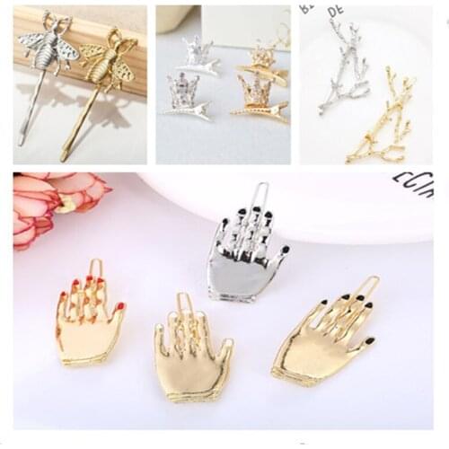 Creative Girls Funny Hand Shaped Hairpin Metal Alloy Colored Finger Nail HairClip Metallic Glitter Gold Silver Drop Oil Barrette