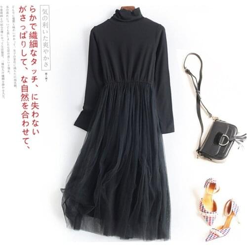 New Autumn Women Long Sleeve Knitted Patchwork Mesh Dress Elegant Lady Long Pile Collar A-line Dressess Vestidos Bottomings 1052