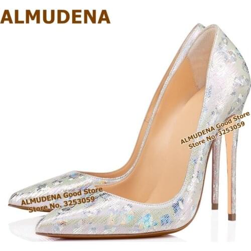ALMUDENA Silver Cracked Leather 12cm High Heels Pointed Toe Pattern Embellished Wedding Pumps Nightclub Gladiator Shoes Size45