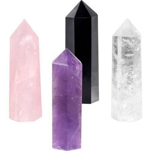 TUMBEELLUWA 1Set(4Pc)Healing Crystal Hexagonal Points Wand,Single Self Standing Gemstone Prism for Reiki Chakra Meditation 1.9