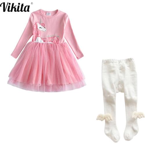 VIKITA Brand Girl Clothes Sets Autumn Kids Long Sleeve Unicorn Dress + Wing Leggings Pantyhose Suit Kids Clothing Sets for Girls