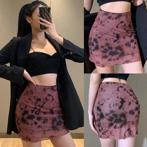 Tie-Dye Skirt Ladies Sexy Two-Layer High Waist Skirt Fashion Retro Aesthetic Skirt Wine Red