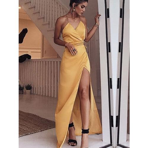 Yellow Party Dresses Front/Side Slit Sleeveless Floor length Spaghetti strap Evening Dresses sexy high quality Party Gowns