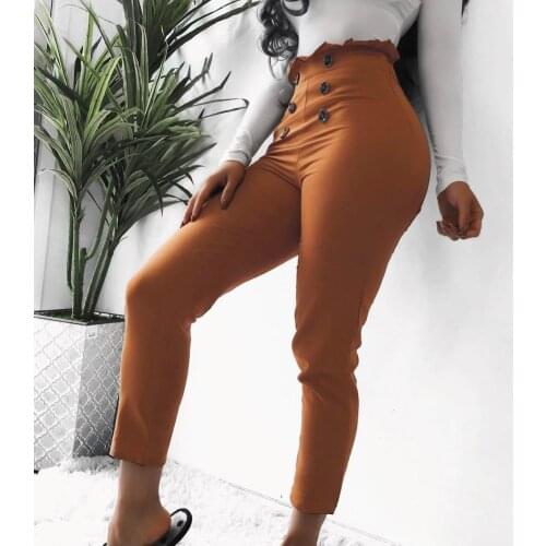 Women Solid Color Lace Button High Waist Slim Streetwear Tight Pants Trousers Streetwear Tight Pants Trousers