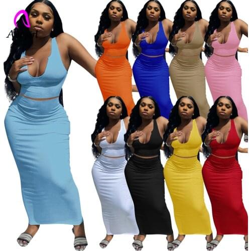 Ribbed Knitted Women 2 Piece Set Solid Sleeveless Crop Tank Top + High Waist Skinny Skirts Matching Set Club Party Active Outfit