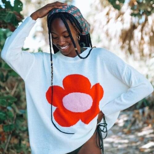 Dourbesty Womens Harajuku Kawaii Flower Sweaters Vintage Loose Oversized Pullover-Sweaters Long Sleeve Floral Knit Sweatshirt