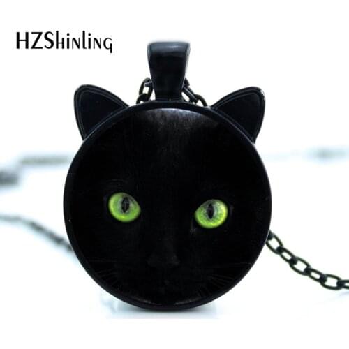 CN-00228 Green eyes Black Cat Necklace With Ears Real Cat Art Photo Pendant Jewelry with link chain for Girls Gifts HZ2