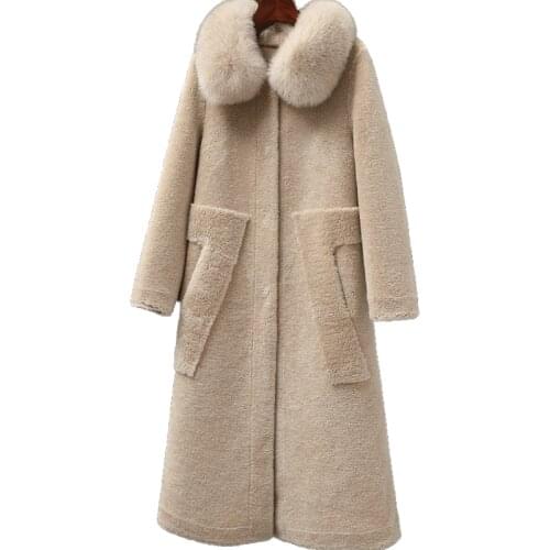 Sheep sheared coat female 2019 winter new fox fur collar long section fur one grain wool fur coat