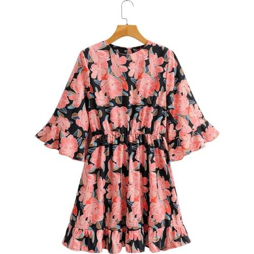 Za Women Dress Floral Print Vintage Loose Mini Dress Fashion 2021 Ruffles O Neck Short Sleeve Girls Dress Elegant Vestidos