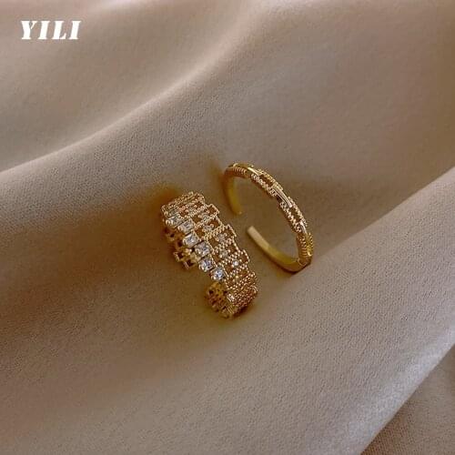 2021 Fashion Geometric Hollow Out Opening Rings Korean Luxury Zircon Gold Open Ring for Women Girls Finger Wedding Jewelry
