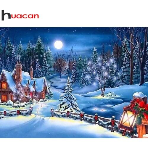 Huacan Diy Diamond Painting Christmas Night Scenery Decor Home Diamond Embroidery Snow Tree Mosaic Crystal Wall Sticker