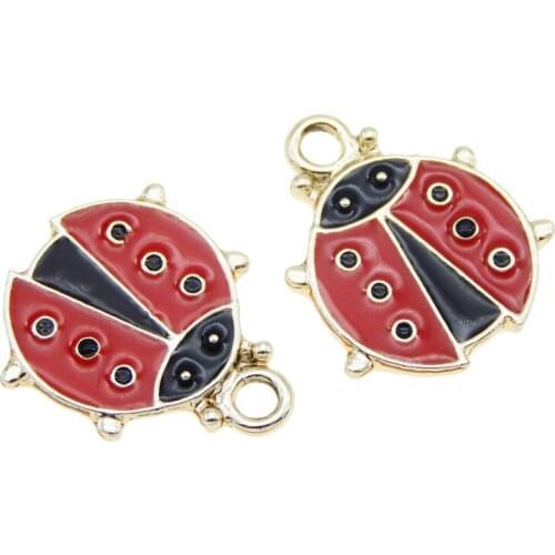 Julie Wang 15PCS Enamel Red Ladybug Charms Zinc Alloy Cartoon Insect Gold Tone Pendant Bracelet Jewelry Making Accessory
