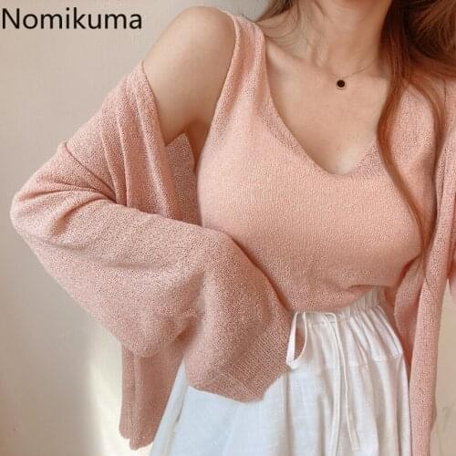 Nomikuma Korean Elegant Cardigan Women Two Piece Solid Color Long Lseeve Slightly Trasparent Summer Tops Casual Chic Outerwear