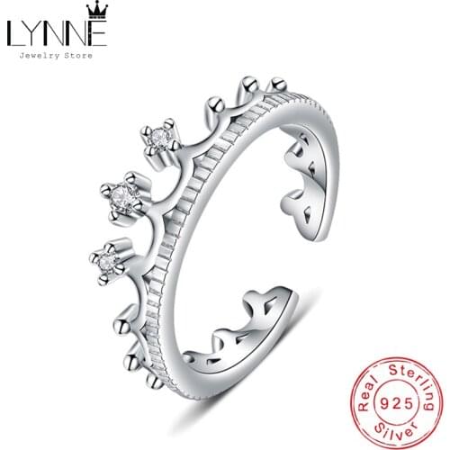 LYNNE Jewelry 925 Sterling Silver Crown Open Adjustable Rings Fashion Party Exquisite Zircon Crown Ring Women&Girl Birthday Gift